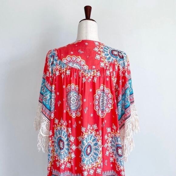 Umgee Colorful Medallion Print Fringe Open Kimono Cover-Up NWT - Picture 5 of 8